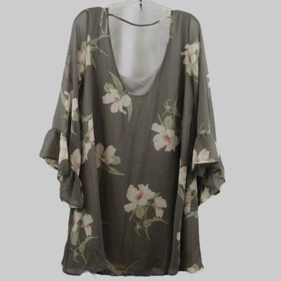 By Together Womens Gray Floral Ruffle Bell Sleeve Sz L - Picture 2 of 4